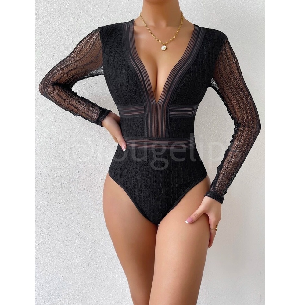 Black Lace Bodysuit Cut Out Back V-Neck Long Sleeve - Picture 6 of 13